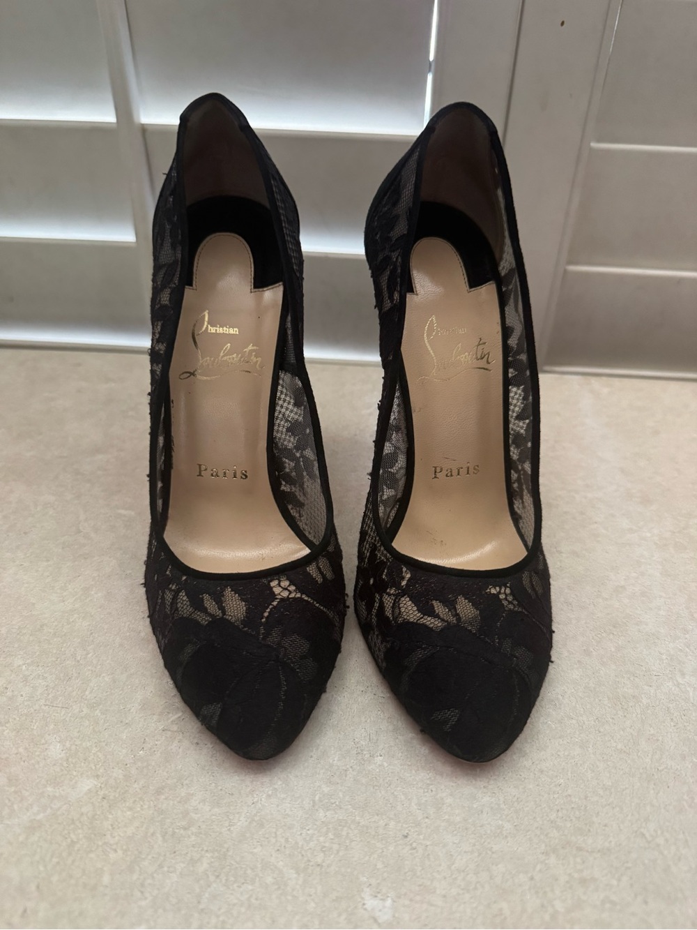 Christian Louboutin Black Lace Pointed-Toe Pumps with Nude Underlay